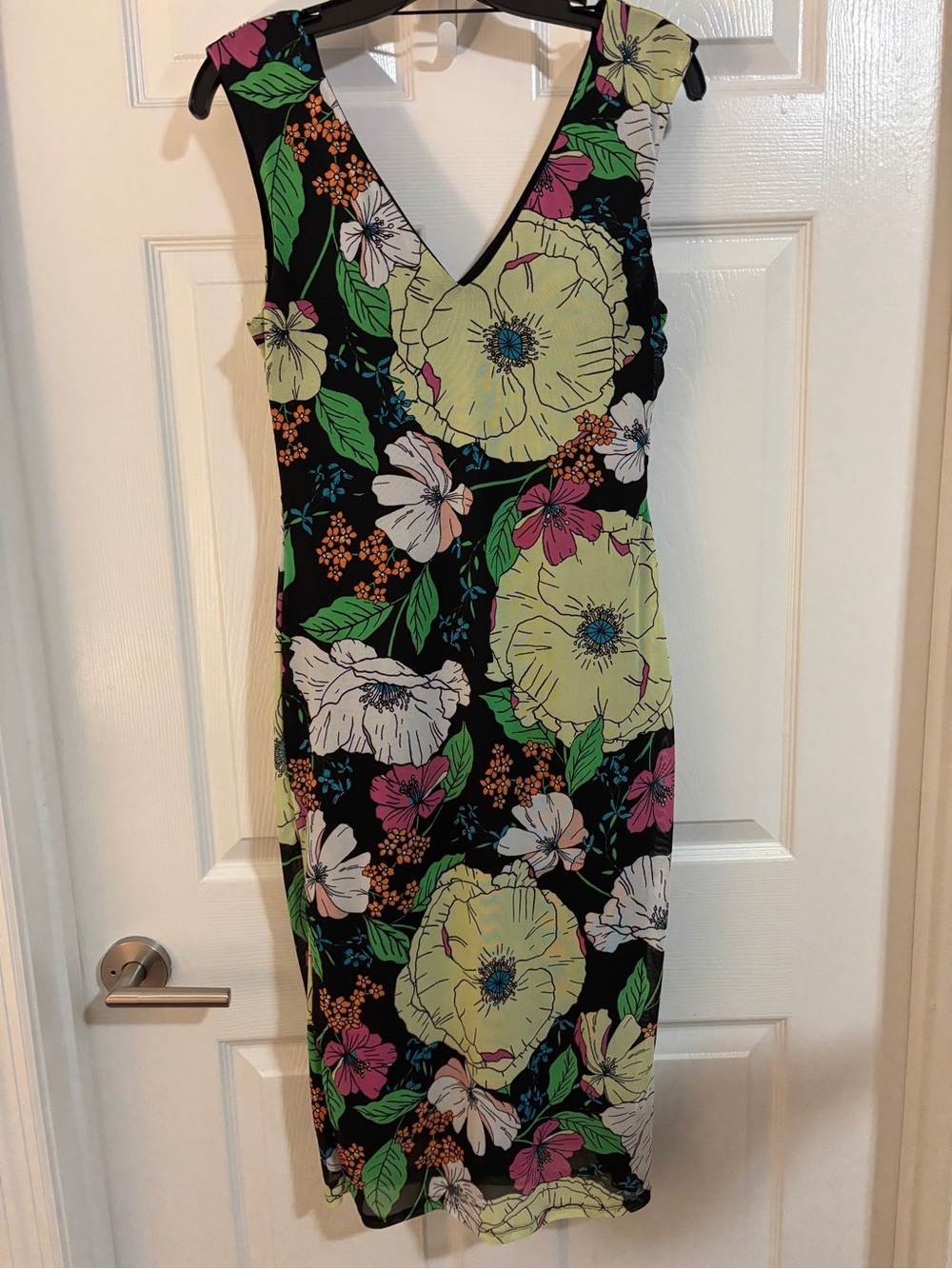 AFRM M Floral V-Neck Sleeveless Dress in Black and Lime